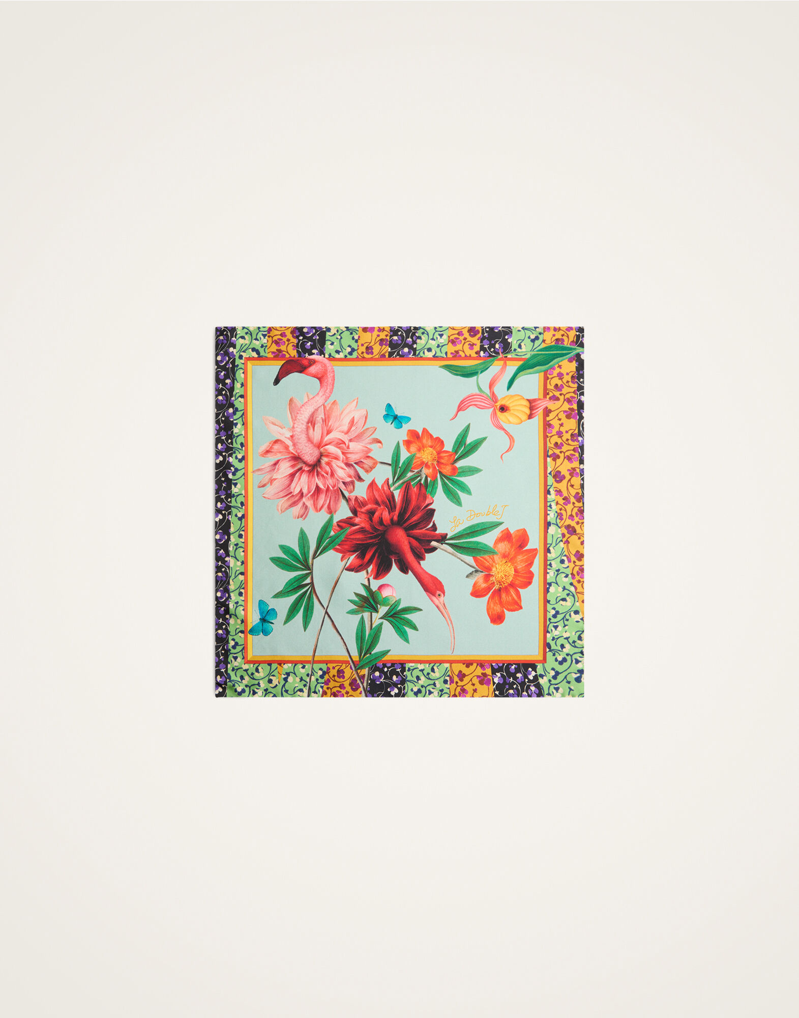 Foulard 45 La DoubleJ: Zooflora Birdbloom Placée Light Blue SCA0065SIL006