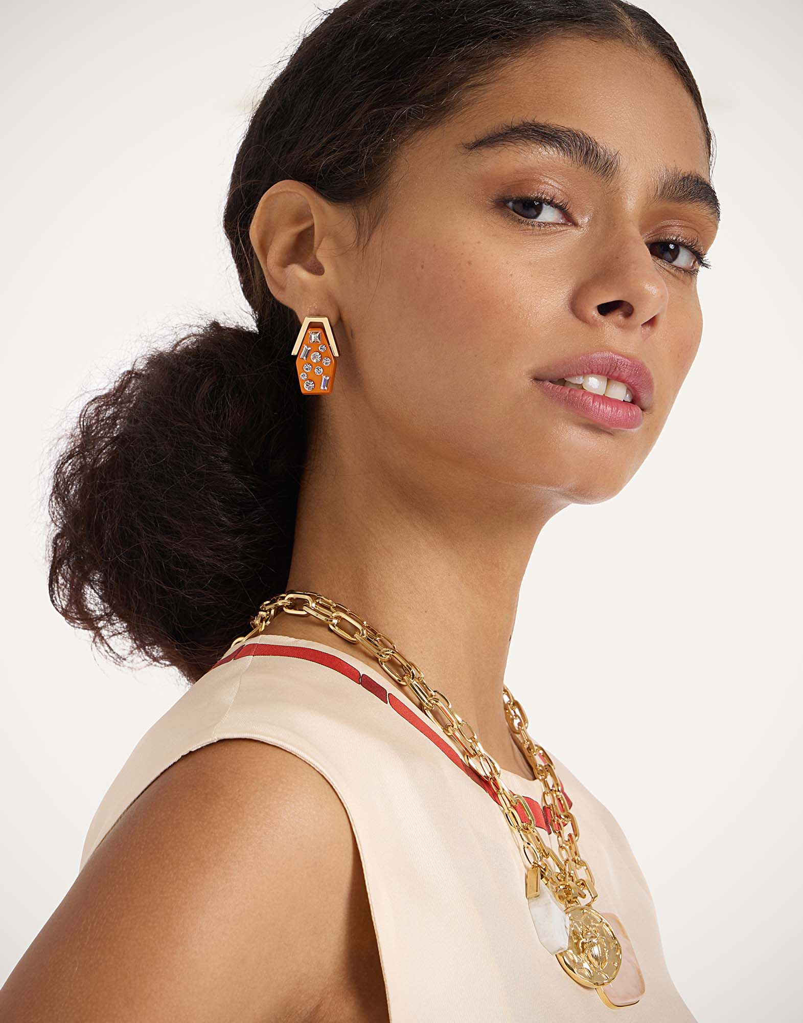 Crystalled Portal Earrings La DoubleJ: 24k Gold Plate & Orange Resin with Crystals Crystalled Portal Earrings La DoubleJ: 24k Gold Plate & Orange Resin with Crystals EAR0058POL015