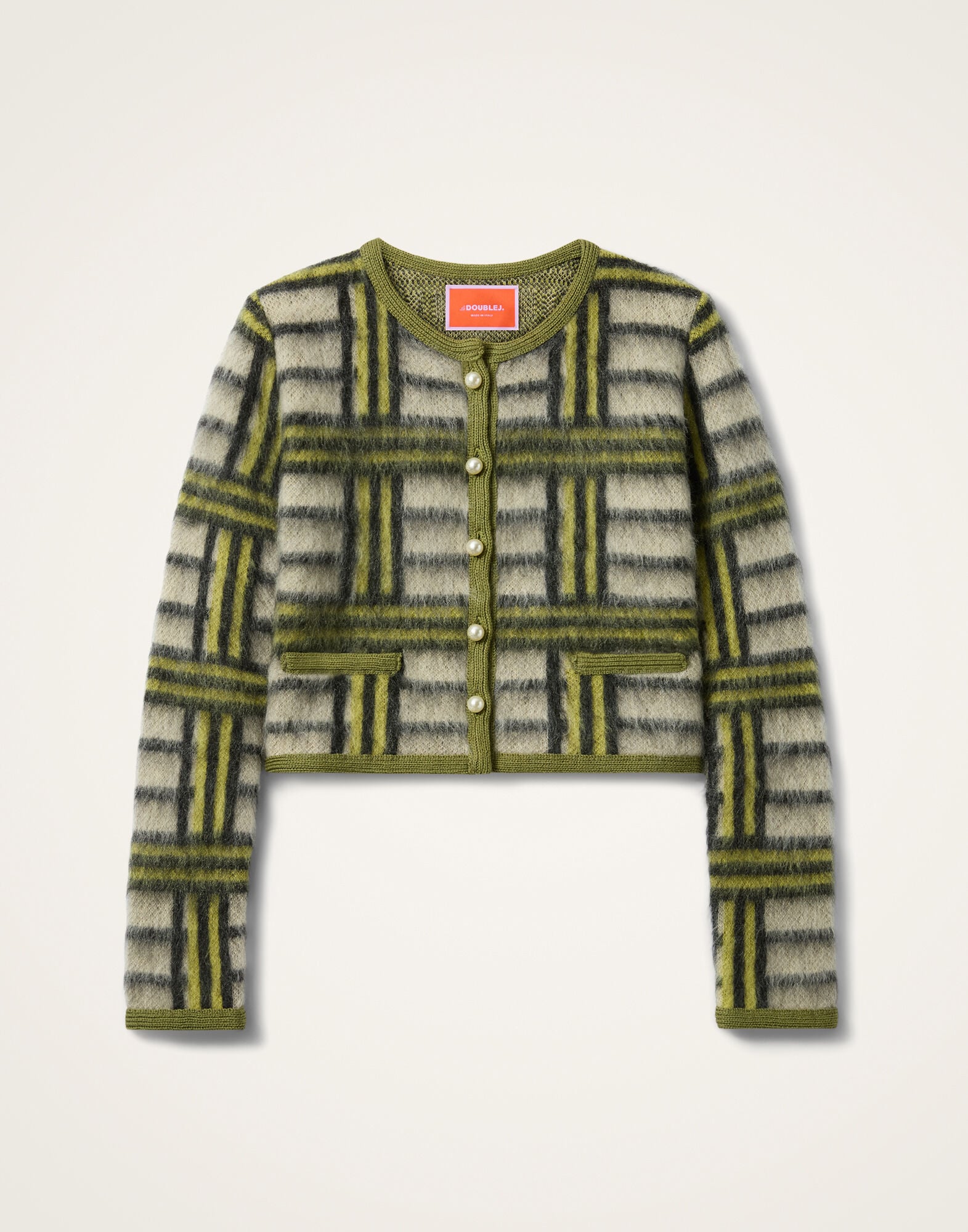 Check Cardigan La DoubleJ: Kells Check Ecru, Light Green, and Black Check Cardigan La DoubleJ: Kells Check Ecru, Light Green, and Black PUL0410KNI220