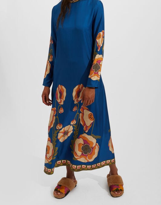 Long Sleeve Swing Dress La DoubleJ: Poppies Blue Placée DRE0231SIL006