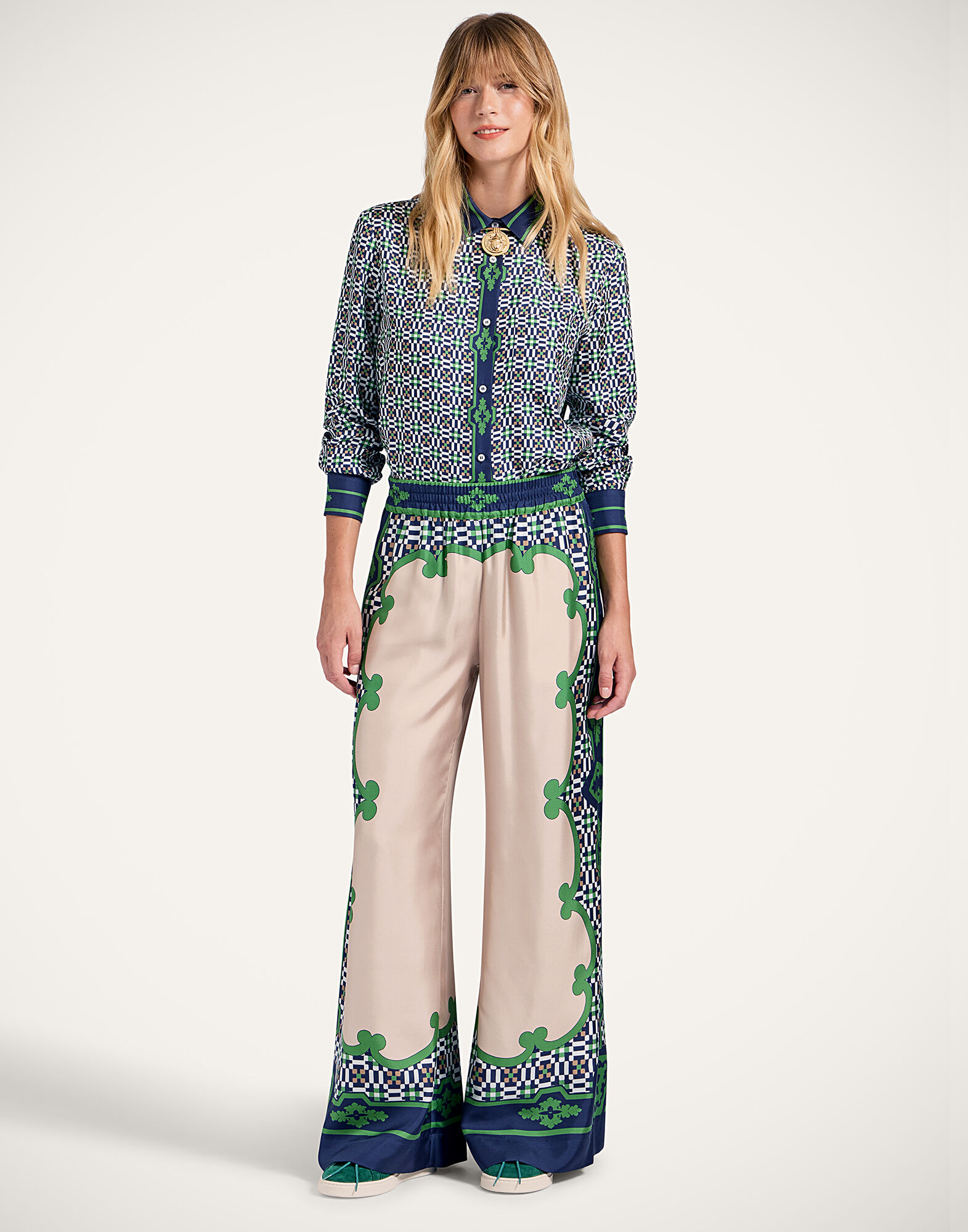 Palazzo Pants La DoubleJ: Mariposa Placée Green TRO0026SIL006