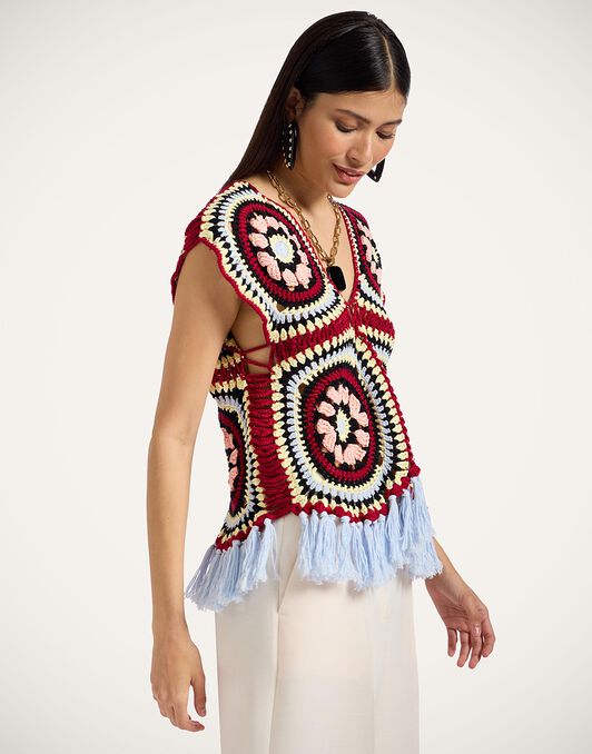 Sole Star Crochet Top La DoubleJ: Multicolor Red & Black Sole Star Crochet Top La DoubleJ: Multicolor Red & Black PUL0306KNI161
