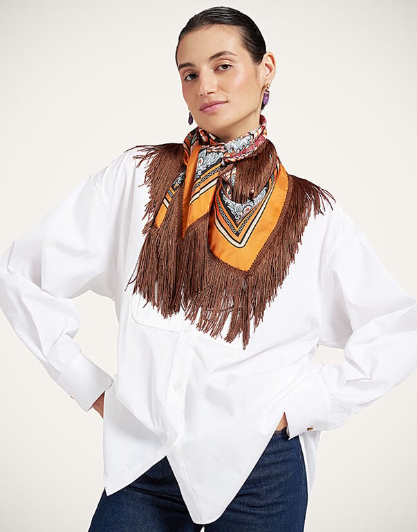Reversible Fringe Foulard 90 La DoubleJ: Chamberlain Placée Orange SCA0073SIL006