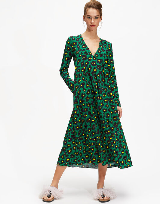 V Trapezio Dress La DoubleJ: Flower Leopard Verde V Trapezio Dress LaDoubleJ: Flower Leopard Verde DRE0127VIS001
