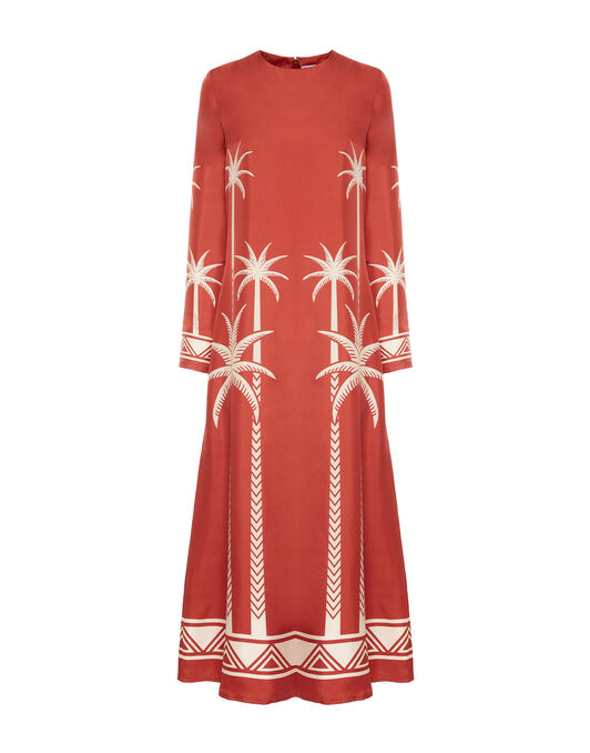 Long Sleeve Swing Dress La DoubleJ: Date Palms Placée Red Long Sleeve Swing Dress La DoubleJ: Date Palms Placée Red DRE0231SIL006