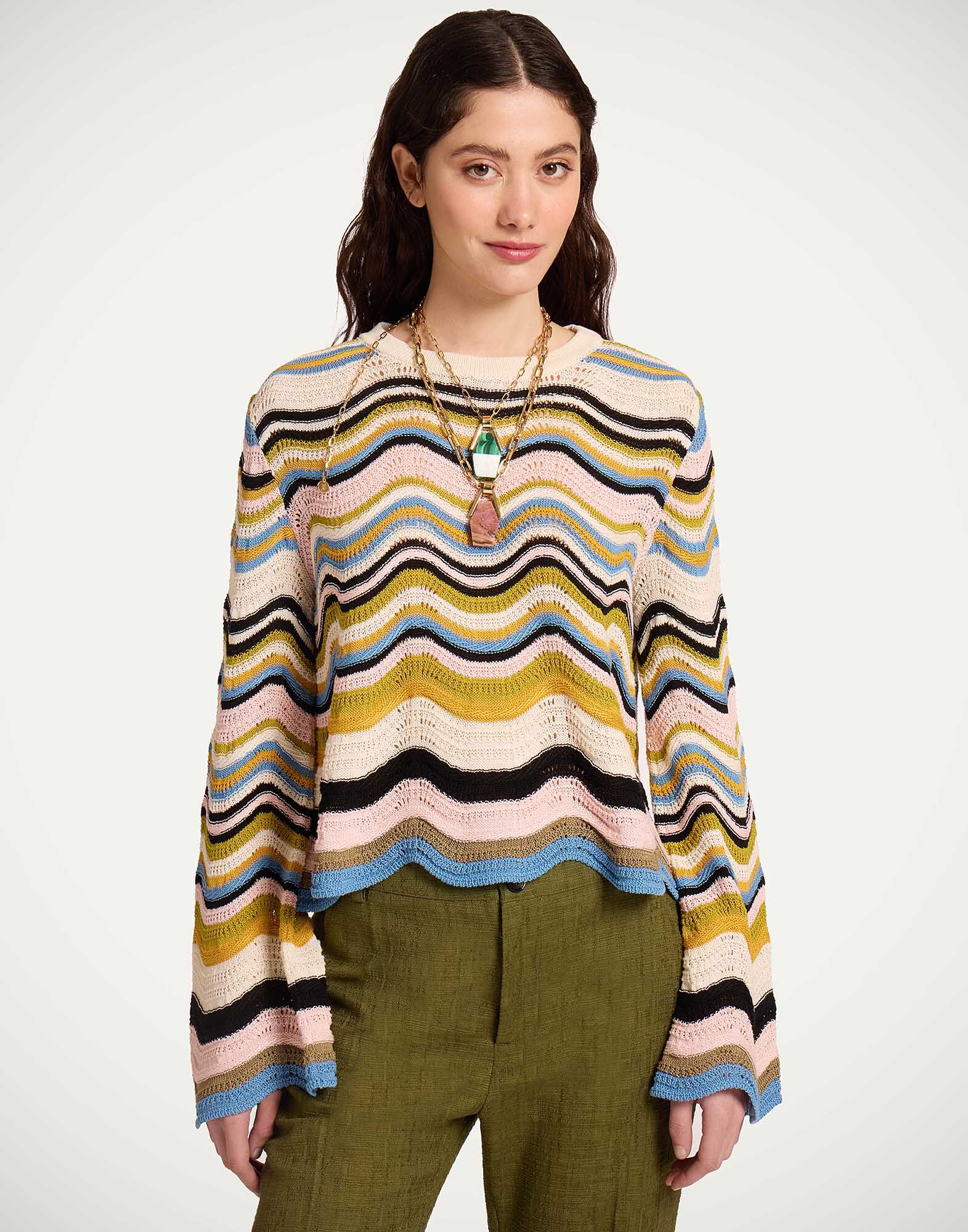 Chevron Crop Sweater La DoubleJ: Multicolor Geen & Pink Chevron Crop Sweater La DoubleJ: Multicolor Geen & Pink PUL0265KNI158
