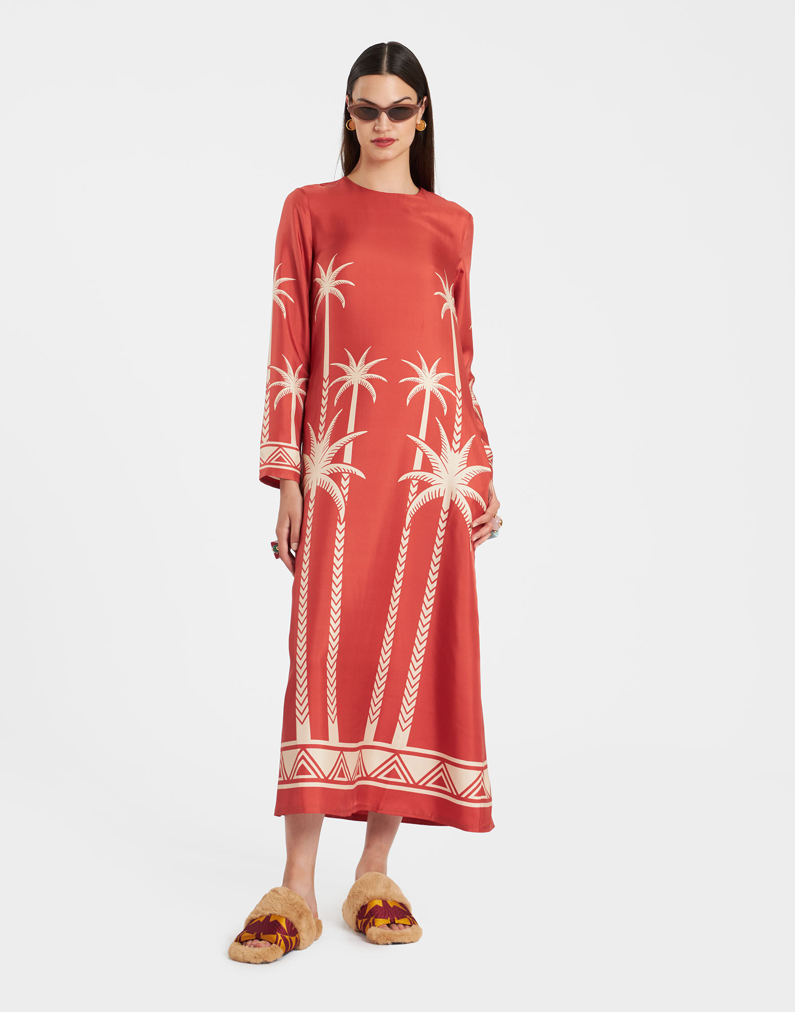 Long Sleeve Swing Dress La DoubleJ: Date Palms Placée Red Long Sleeve Swing Dress La DoubleJ: Date Palms Placée Red DRE0231SIL006