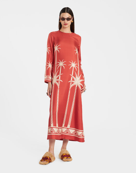 Long Sleeve Swing Dress La DoubleJ: Date Palms Placée Red Long Sleeve Swing Dress La DoubleJ: Date Palms Placée Red DRE0231SIL006