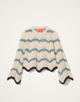 Chevron Crop Sweater La DoubleJ: Color Block Ivory & Blue PUL0146KNI084