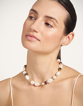 Pearly Necklace La DoubleJ: 24K Gold Plate, Baroque Natural Pearls and Glass Crystals NEC0073BRA013