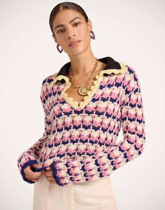 Long Sleeves Picket Polo Shirt La DoubleJ: Multicolor Pink & White Long Sleeves Picket Polo Shirt La DoubleJ: Multicolor Pink & White PUL0293KNI168