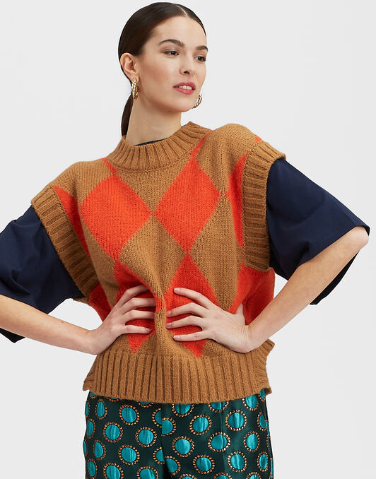 Argyle Gilet La DoubleJ: Camel / Orange Argyle Gilet La DoubleJ: Camel / Orange TOP0077KNI064