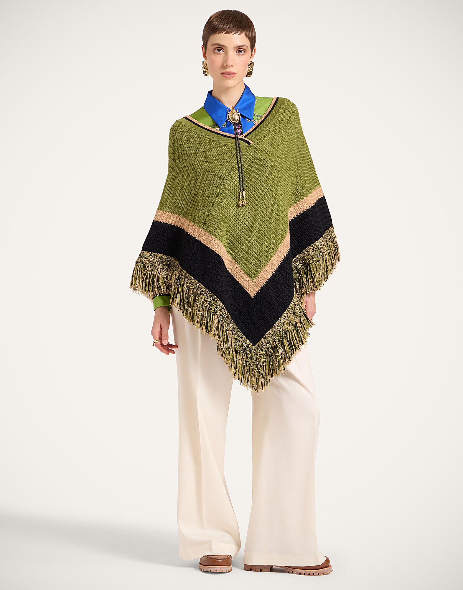 Dreamcatcher Poncho La DoubleJ: Color Block Green & Brown SCA0089KNI180