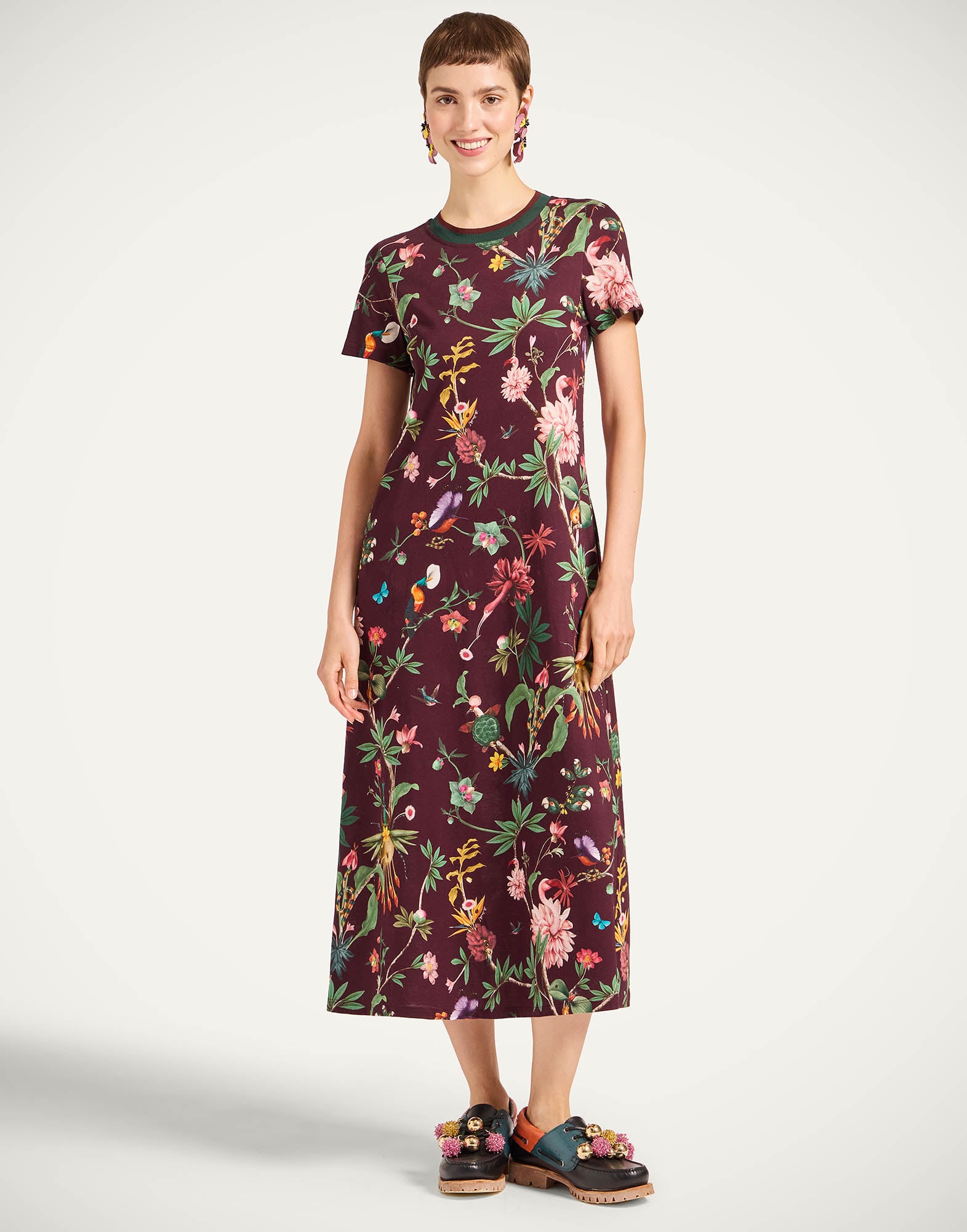 Women's Sporty Swing Dress in Zooflora Burgundy | La DoubleJ